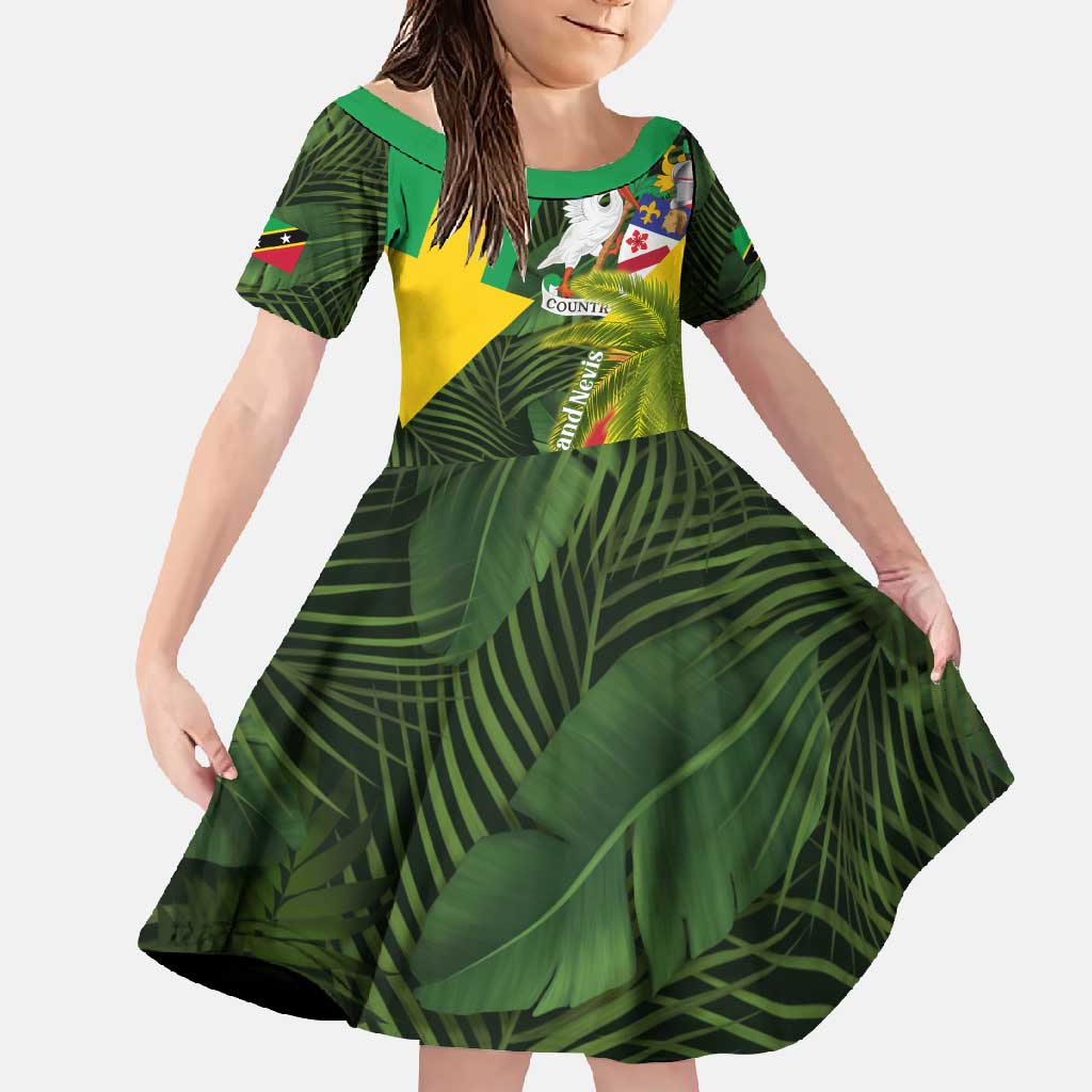 Saint Kitts and Nevis Apparel Family Matching Off Shoulder Maxi Dress and Hawaiian Shirt with Coat of Arms, Palm Trees, and Hammock Graphic in Tropical Green and Flag-Inspired Design - Wonder Print Shop