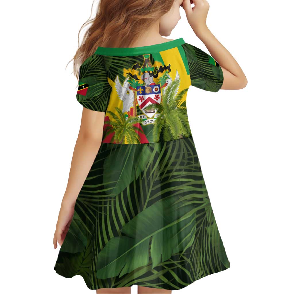 Saint Kitts and Nevis Apparel Family Matching Off Shoulder Maxi Dress and Hawaiian Shirt with Coat of Arms, Palm Trees, and Hammock Graphic in Tropical Green and Flag-Inspired Design - Wonder Print Shop