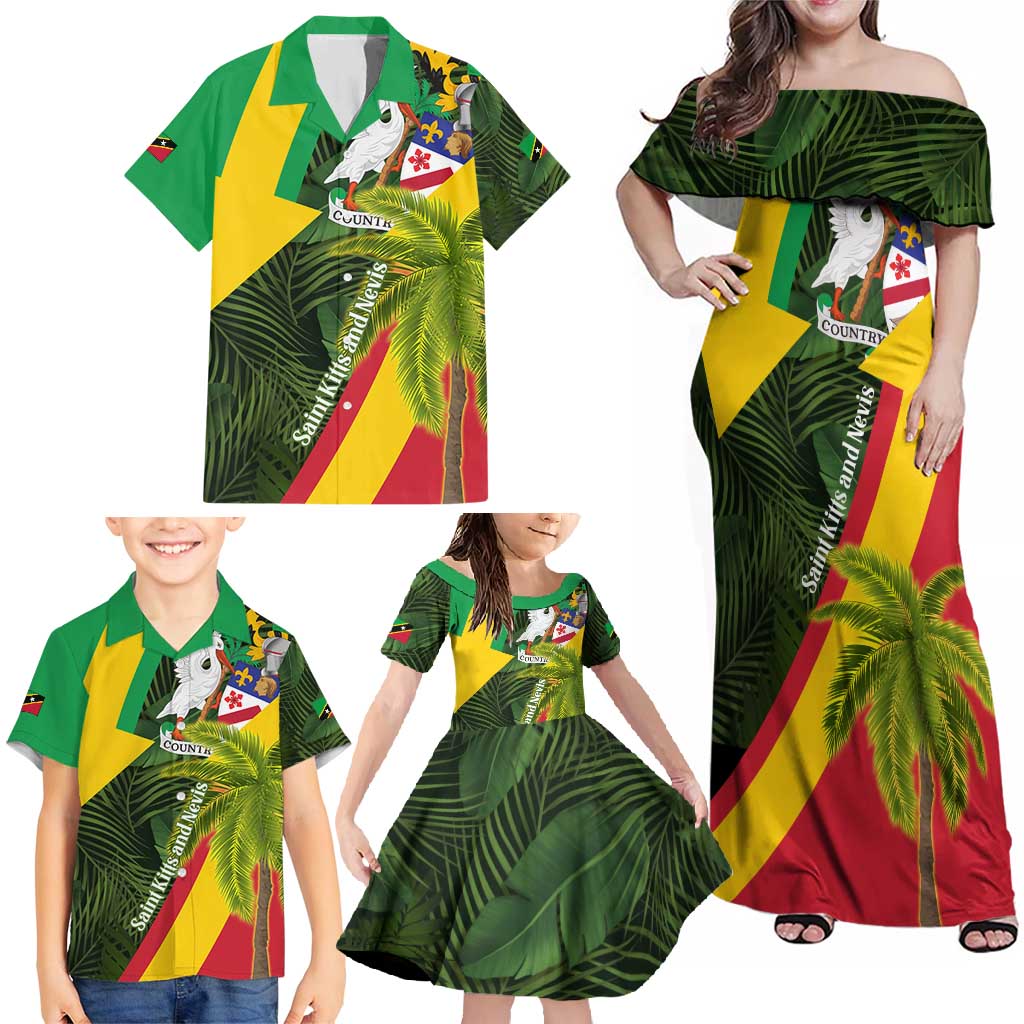 Saint Kitts and Nevis Apparel Family Matching Off Shoulder Maxi Dress and Hawaiian Shirt with Coat of Arms, Palm Trees, and Hammock Graphic in Tropical Green and Flag-Inspired Design - Wonder Print Shop