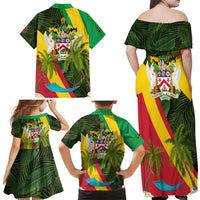 Saint Kitts and Nevis Apparel Family Matching Off Shoulder Maxi Dress and Hawaiian Shirt with Coat of Arms, Palm Trees, and Hammock Graphic in Tropical Green and Flag-Inspired Design - Wonder Print Shop
