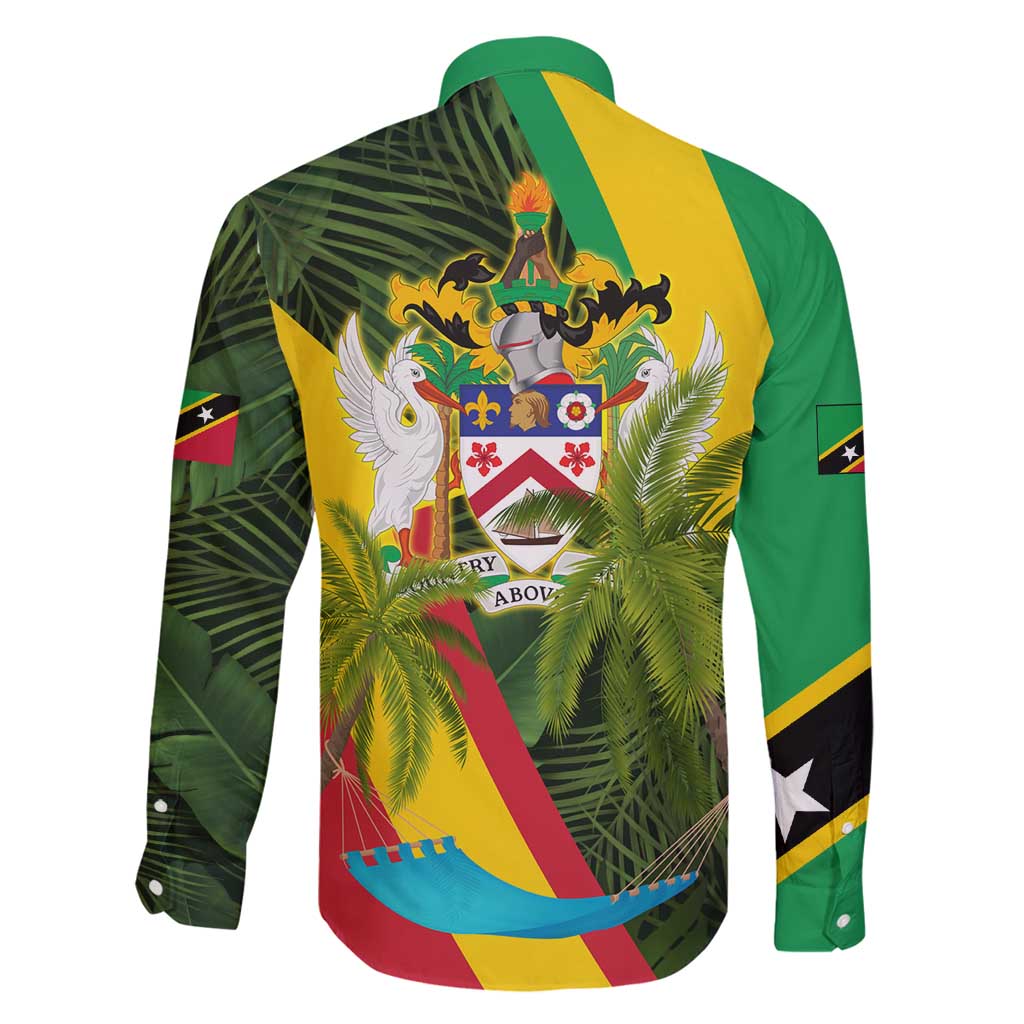 Saint Kitts and Nevis Apparel Family Matching Off Shoulder Maxi Dress and Hawaiian Shirt with Coat of Arms, Palm Trees, and Hammock Graphic in Tropical Green and Flag-Inspired Design - Wonder Print Shop