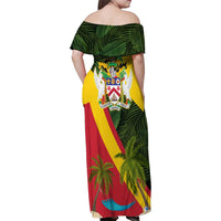 Saint Kitts and Nevis Apparel Family Matching Off Shoulder Maxi Dress and Hawaiian Shirt with Coat of Arms, Palm Trees, and Hammock Graphic in Tropical Green and Flag-Inspired Design - Wonder Print Shop