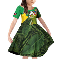 Saint Kitts and Nevis Apparel Family Matching Off Shoulder Short Dress and Hawaiian Shirt with Coat of Arms, Palm Trees, and Hammock Graphic in Tropical Green and Flag-Inspired Design - Wonder Print Shop