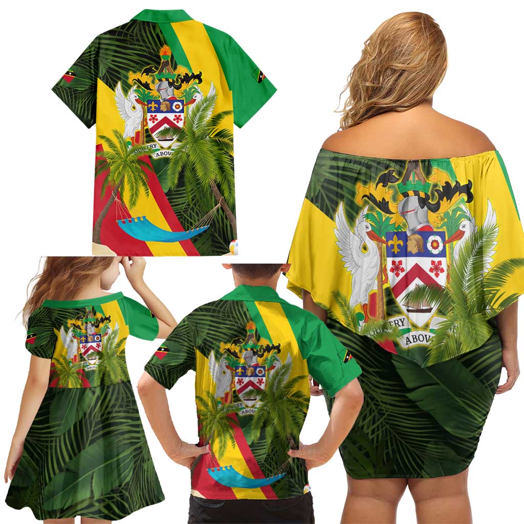 Saint Kitts and Nevis Apparel Family Matching Off Shoulder Short Dress and Hawaiian Shirt with Coat of Arms, Palm Trees, and Hammock Graphic in Tropical Green and Flag-Inspired Design - Wonder Print Shop