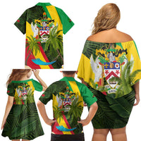 Saint Kitts and Nevis Apparel Family Matching Off Shoulder Short Dress and Hawaiian Shirt with Coat of Arms, Palm Trees, and Hammock Graphic in Tropical Green and Flag-Inspired Design - Wonder Print Shop