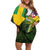 Saint Kitts and Nevis Apparel Family Matching Off Shoulder Short Dress and Hawaiian Shirt with Coat of Arms, Palm Trees, and Hammock Graphic in Tropical Green and Flag-Inspired Design - Wonder Print Shop