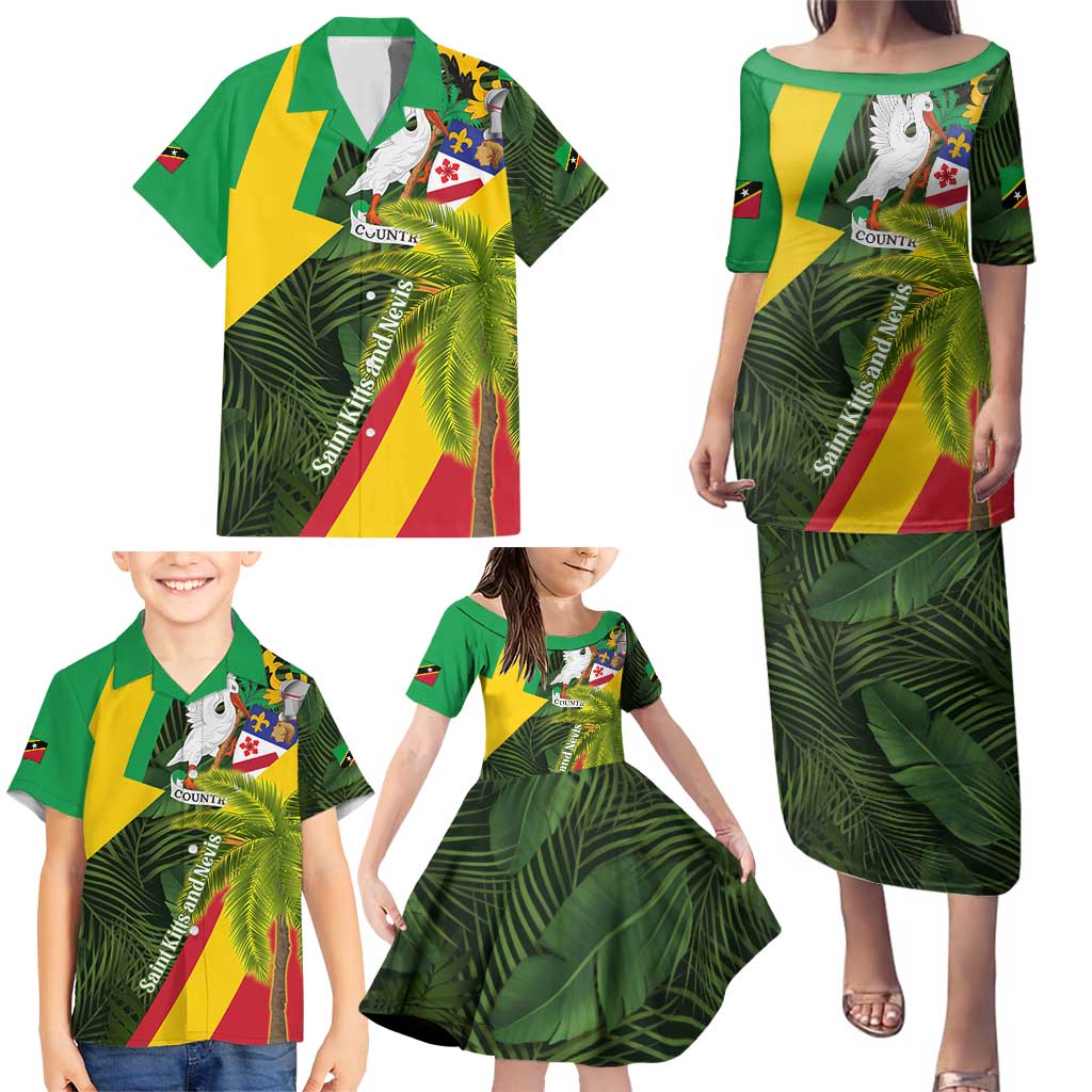 Saint Kitts and Nevis Apparel Family Matching Puletasi and Hawaiian Shirt with Coat of Arms, Palm Trees, and Hammock Graphic in Tropical Green and Flag-Inspired Design - Wonder Print Shop