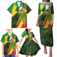 Saint Kitts and Nevis Apparel Family Matching Puletasi and Hawaiian Shirt with Coat of Arms, Palm Trees, and Hammock Graphic in Tropical Green and Flag-Inspired Design - Wonder Print Shop