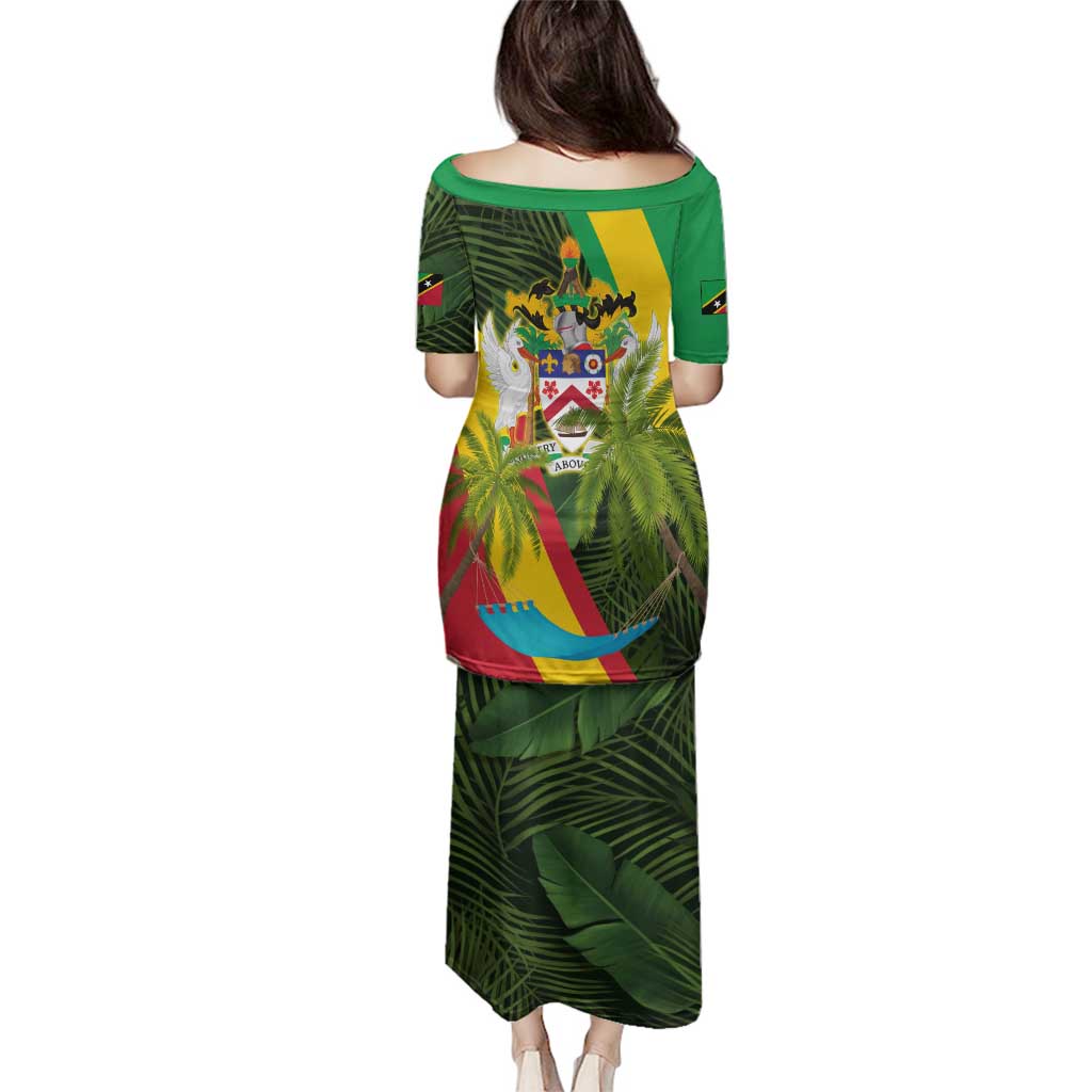 Saint Kitts and Nevis Apparel Family Matching Puletasi and Hawaiian Shirt with Coat of Arms, Palm Trees, and Hammock Graphic in Tropical Green and Flag-Inspired Design - Wonder Print Shop