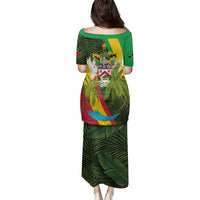 Saint Kitts and Nevis Apparel Family Matching Puletasi and Hawaiian Shirt with Coat of Arms, Palm Trees, and Hammock Graphic in Tropical Green and Flag-Inspired Design - Wonder Print Shop
