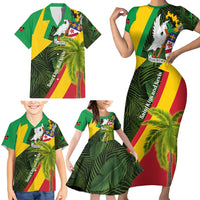 Saint Kitts and Nevis Apparel Family Matching Short Sleeve Bodycon Dress and Hawaiian Shirt with Coat of Arms, Palm Trees, and Hammock Graphic in Tropical Green and Flag-Inspired Design - Wonder Print Shop
