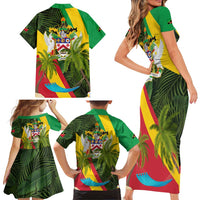 Saint Kitts and Nevis Apparel Family Matching Short Sleeve Bodycon Dress and Hawaiian Shirt with Coat of Arms, Palm Trees, and Hammock Graphic in Tropical Green and Flag-Inspired Design - Wonder Print Shop