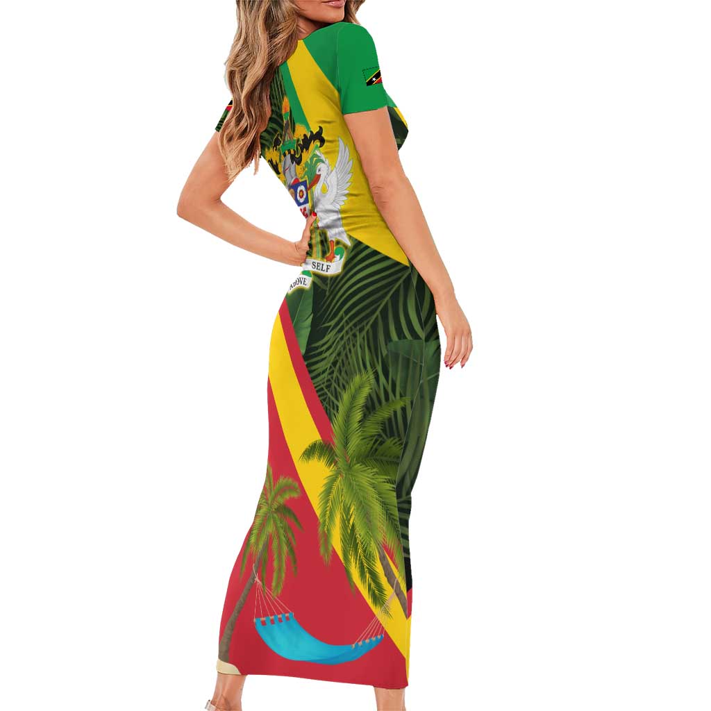 Saint Kitts and Nevis Apparel Family Matching Short Sleeve Bodycon Dress and Hawaiian Shirt with Coat of Arms, Palm Trees, and Hammock Graphic in Tropical Green and Flag-Inspired Design - Wonder Print Shop