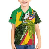 Saint Kitts and Nevis Apparel Family Matching Short Sleeve Bodycon Dress and Hawaiian Shirt with Coat of Arms, Palm Trees, and Hammock Graphic in Tropical Green and Flag-Inspired Design - Wonder Print Shop