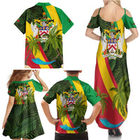 Saint Kitts and Nevis Apparel Family Matching Summer Maxi Dress and Hawaiian Shirt with Coat of Arms, Palm Trees, and Hammock Graphic in Tropical Green and Flag-Inspired Design - Wonder Print Shop