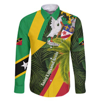 Saint Kitts and Nevis Apparel Family Matching Summer Maxi Dress and Hawaiian Shirt with Coat of Arms, Palm Trees, and Hammock Graphic in Tropical Green and Flag-Inspired Design - Wonder Print Shop