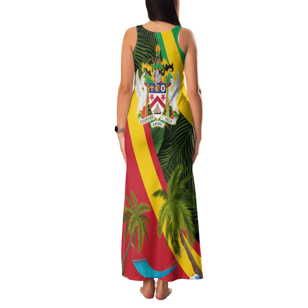 Saint Kitts and Nevis Apparel Family Matching Tank Maxi Dress and Hawaiian Shirt with Coat of Arms, Palm Trees, and Hammock Graphic in Tropical Green and Flag-Inspired Design - Wonder Print Shop