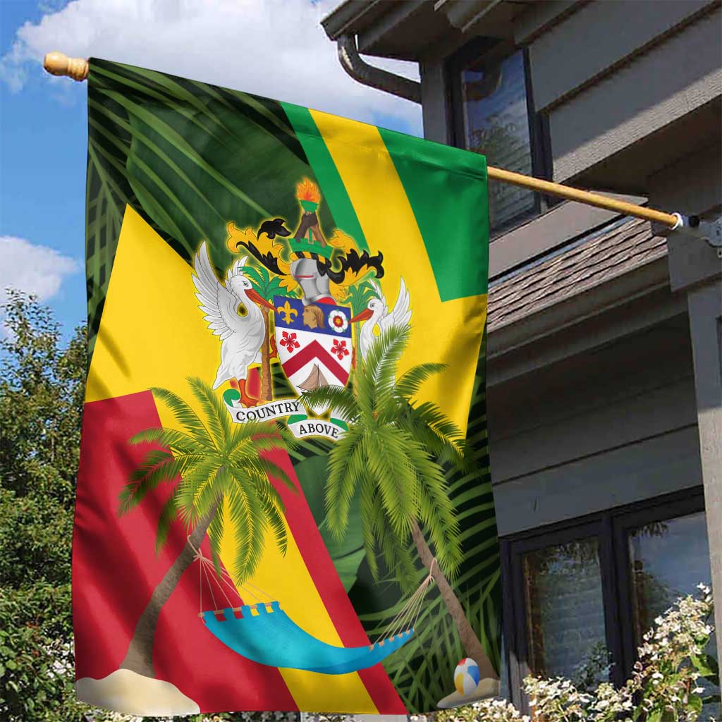 Saint Kitts and Nevis Apparel Garden Flag with Coat of Arms, Palm Trees, and Hammock Graphic in Tropical Green and Flag-Inspired Design - Wonder Print Shop