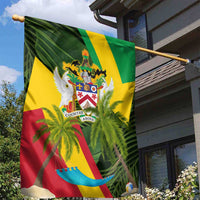 Saint Kitts and Nevis Apparel Garden Flag with Coat of Arms, Palm Trees, and Hammock Graphic in Tropical Green and Flag-Inspired Design - Wonder Print Shop