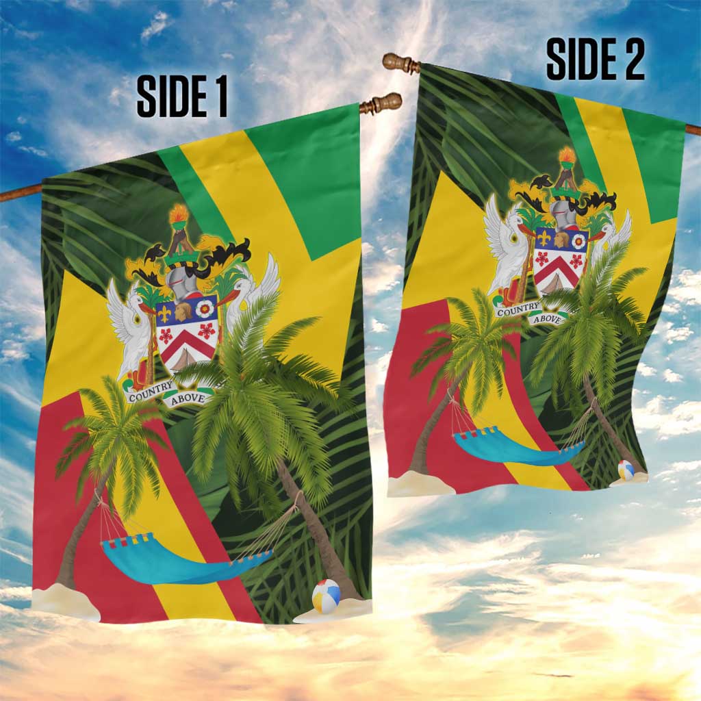 Saint Kitts and Nevis Apparel Garden Flag with Coat of Arms, Palm Trees, and Hammock Graphic in Tropical Green and Flag-Inspired Design - Wonder Print Shop