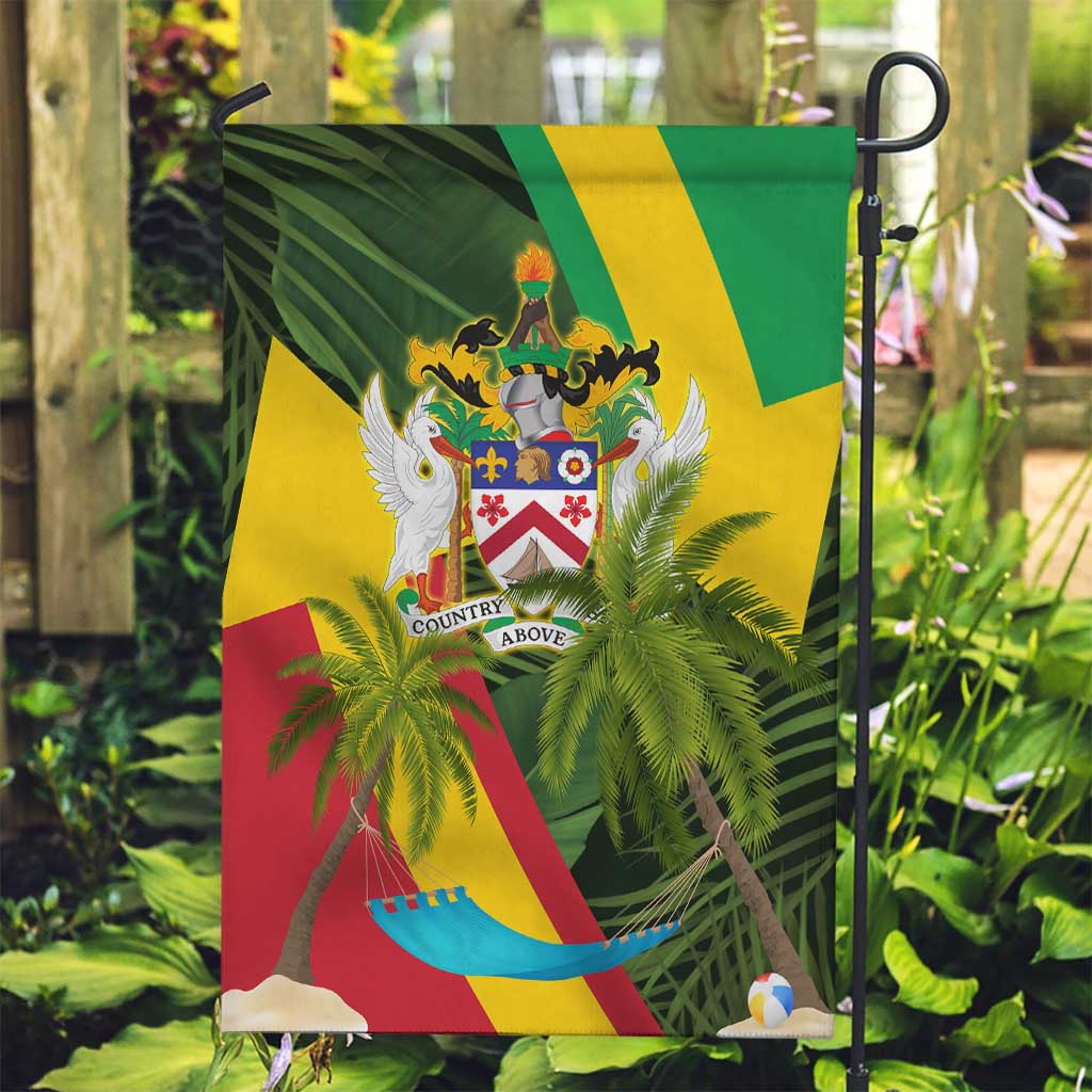 Saint Kitts and Nevis Apparel Garden Flag with Coat of Arms, Palm Trees, and Hammock Graphic in Tropical Green and Flag-Inspired Design - Wonder Print Shop