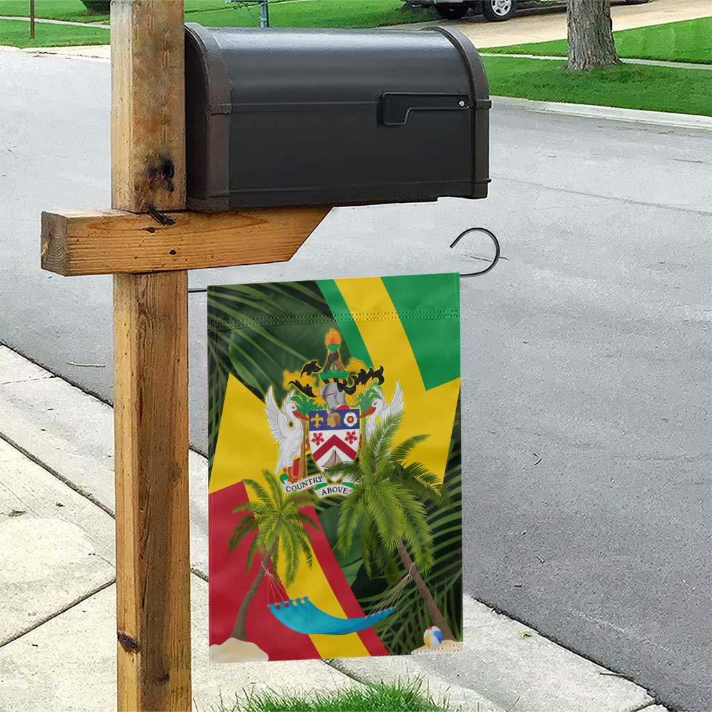 Saint Kitts and Nevis Apparel Garden Flag with Coat of Arms, Palm Trees, and Hammock Graphic in Tropical Green and Flag-Inspired Design - Wonder Print Shop