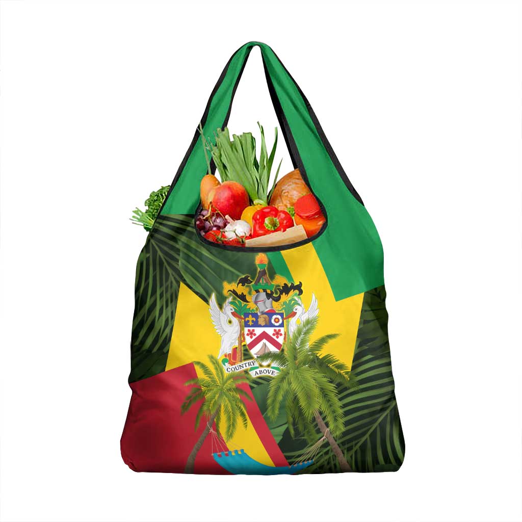 Saint Kitts and Nevis Apparel Grocery Bag with Coat of Arms, Palm Trees, and Hammock Graphic in Tropical Green and Flag-Inspired Design - Wonder Print Shop