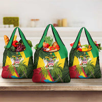 Saint Kitts and Nevis Apparel Grocery Bag with Coat of Arms, Palm Trees, and Hammock Graphic in Tropical Green and Flag-Inspired Design - Wonder Print Shop