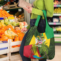 Saint Kitts and Nevis Apparel Grocery Bag with Coat of Arms, Palm Trees, and Hammock Graphic in Tropical Green and Flag-Inspired Design - Wonder Print Shop