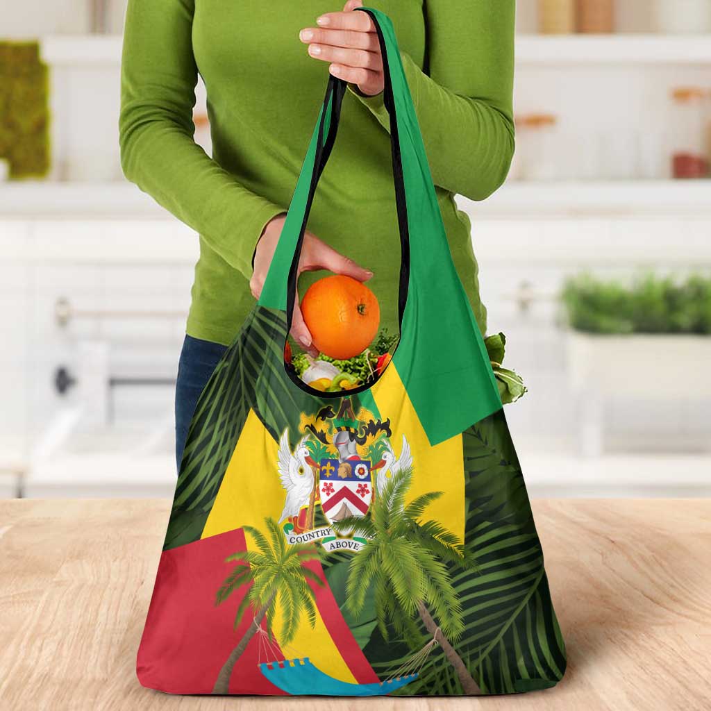 Saint Kitts and Nevis Apparel Grocery Bag with Coat of Arms, Palm Trees, and Hammock Graphic in Tropical Green and Flag-Inspired Design - Wonder Print Shop
