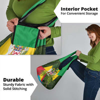 Saint Kitts and Nevis Apparel Grocery Bag with Coat of Arms, Palm Trees, and Hammock Graphic in Tropical Green and Flag-Inspired Design - Wonder Print Shop