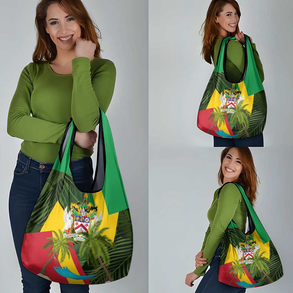 Saint Kitts and Nevis Apparel Grocery Bag with Coat of Arms, Palm Trees, and Hammock Graphic in Tropical Green and Flag-Inspired Design - Wonder Print Shop