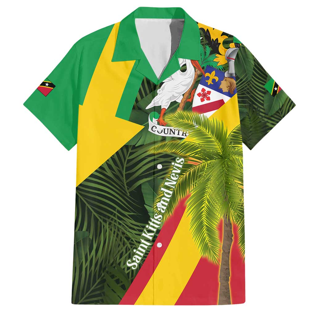 Saint Kitts and Nevis Apparel Hawaiian Shirt with Coat of Arms, Palm Trees, and Hammock Graphic in Tropical Green and Flag-Inspired Design - Wonder Print Shop