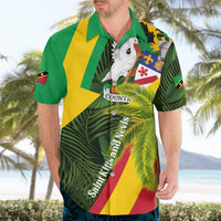 Saint Kitts and Nevis Apparel Hawaiian Shirt with Coat of Arms, Palm Trees, and Hammock Graphic in Tropical Green and Flag-Inspired Design - Wonder Print Shop
