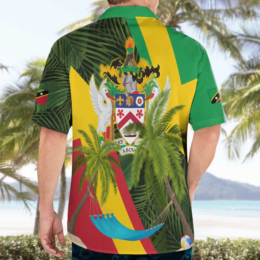 Saint Kitts and Nevis Apparel Hawaiian Shirt with Coat of Arms, Palm Trees, and Hammock Graphic in Tropical Green and Flag-Inspired Design - Wonder Print Shop