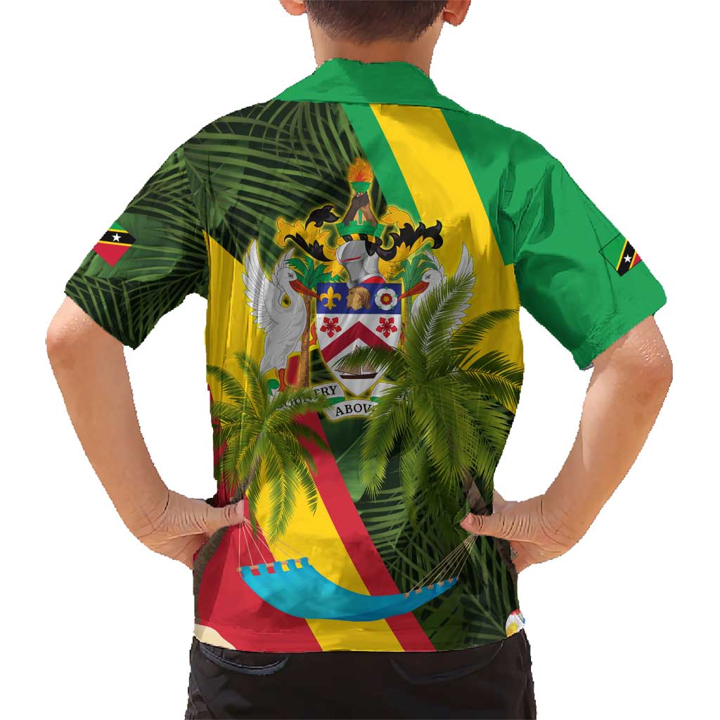 Saint Kitts and Nevis Apparel Hawaiian Shirt with Coat of Arms, Palm Trees, and Hammock Graphic in Tropical Green and Flag-Inspired Design - Wonder Print Shop