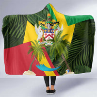 Saint Kitts and Nevis Apparel Hooded Blanket with Coat of Arms, Palm Trees, and Hammock Graphic in Tropical Green and Flag-Inspired Design - Wonder Print Shop