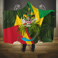 Saint Kitts and Nevis Apparel Hooded Blanket with Coat of Arms, Palm Trees, and Hammock Graphic in Tropical Green and Flag-Inspired Design - Wonder Print Shop