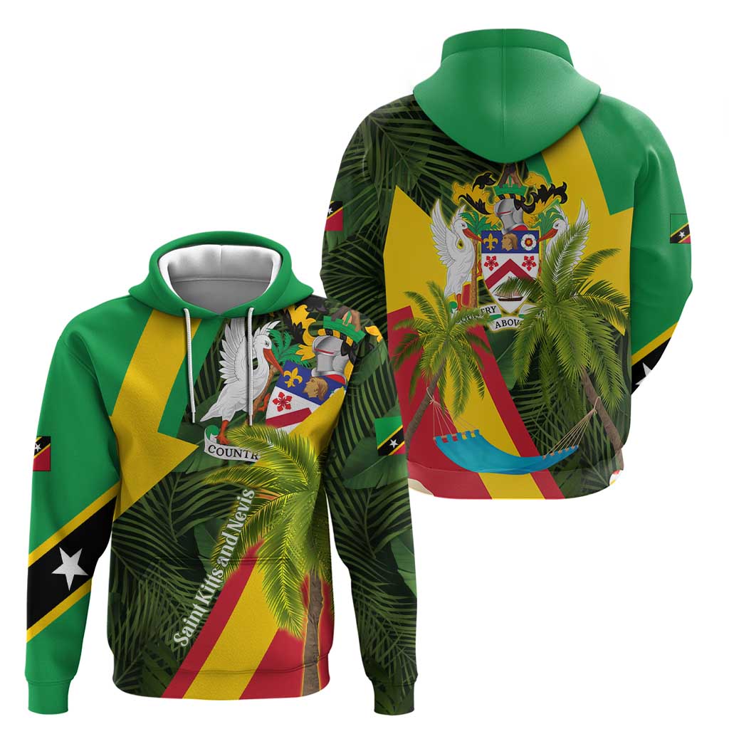 Saint Kitts and Nevis Apparel Hoodie with Coat of Arms, Palm Trees, and Hammock Graphic in Tropical Green and Flag-Inspired Design - Wonder Print Shop