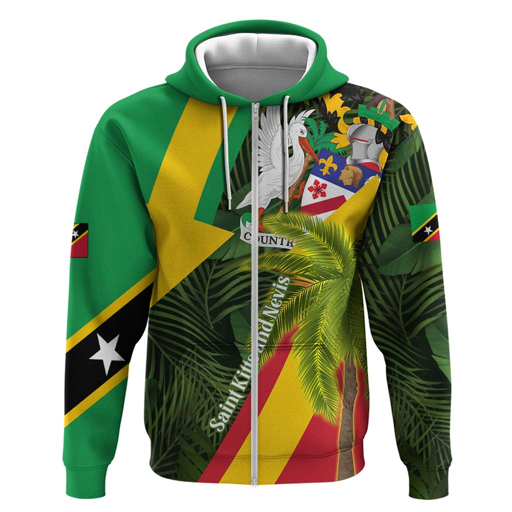 Saint Kitts and Nevis Apparel Hoodie with Coat of Arms, Palm Trees, and Hammock Graphic in Tropical Green and Flag-Inspired Design - Wonder Print Shop
