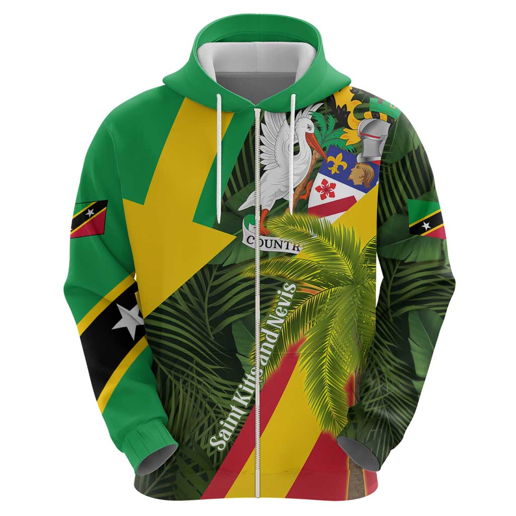 Saint Kitts and Nevis Apparel Hoodie with Coat of Arms, Palm Trees, and Hammock Graphic in Tropical Green and Flag-Inspired Design - Wonder Print Shop
