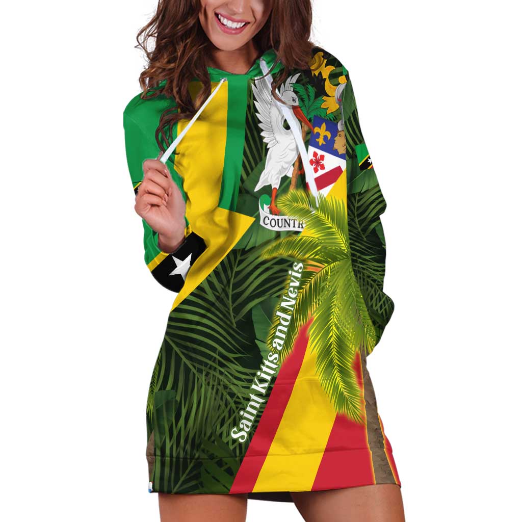 Saint Kitts and Nevis Apparel Hoodie Dress with Coat of Arms, Palm Trees, and Hammock Graphic in Tropical Green and Flag-Inspired Design - Wonder Print Shop