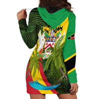 Saint Kitts and Nevis Apparel Hoodie Dress with Coat of Arms, Palm Trees, and Hammock Graphic in Tropical Green and Flag-Inspired Design - Wonder Print Shop