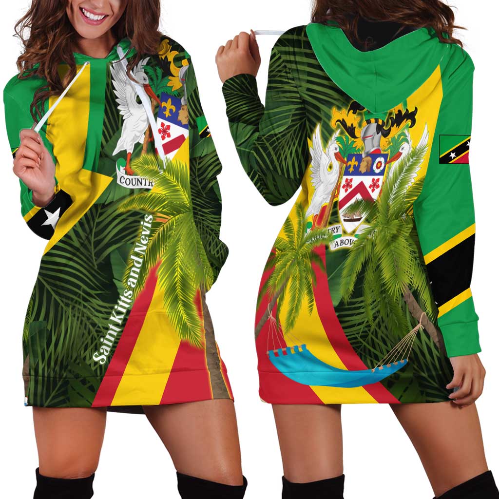 Saint Kitts and Nevis Apparel Hoodie Dress with Coat of Arms, Palm Trees, and Hammock Graphic in Tropical Green and Flag-Inspired Design - Wonder Print Shop