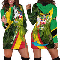 Saint Kitts and Nevis Apparel Hoodie Dress with Coat of Arms, Palm Trees, and Hammock Graphic in Tropical Green and Flag-Inspired Design - Wonder Print Shop
