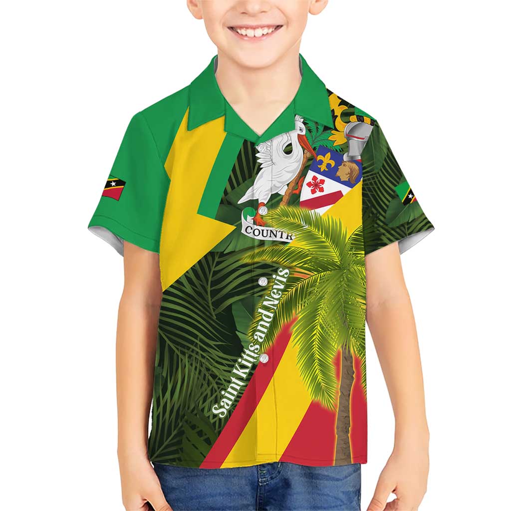 Saint Kitts and Nevis Apparel Kid Hawaiian Shirt with Coat of Arms, Palm Trees, and Hammock Graphic in Tropical Green and Flag-Inspired Design - Wonder Print Shop