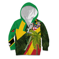 Saint Kitts and Nevis Apparel Kid Hoodie with Coat of Arms, Palm Trees, and Hammock Graphic in Tropical Green and Flag-Inspired Design - Wonder Print Shop
