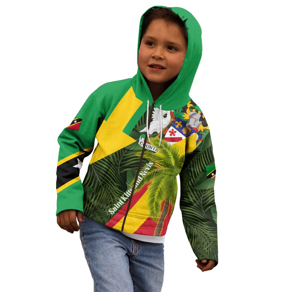 Saint Kitts and Nevis Apparel Kid Hoodie with Coat of Arms, Palm Trees, and Hammock Graphic in Tropical Green and Flag-Inspired Design - Wonder Print Shop