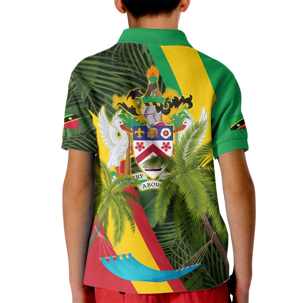 Saint Kitts and Nevis Apparel Kid Polo Shirt with Coat of Arms, Palm Trees, and Hammock Graphic in Tropical Green and Flag-Inspired Design - Wonder Print Shop