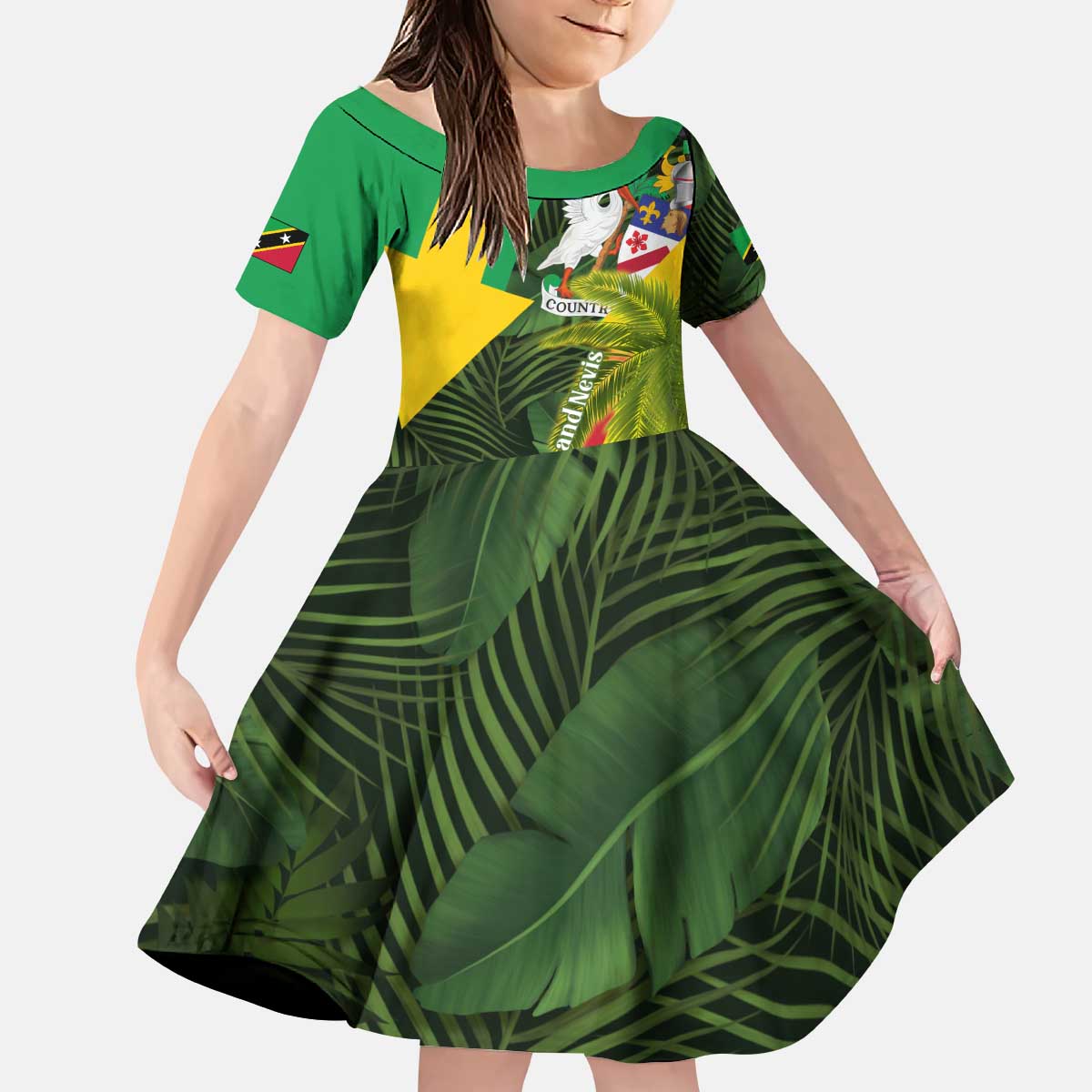 Saint Kitts and Nevis Apparel Kid Short Sleeve Dress with Coat of Arms, Palm Trees, and Hammock Graphic in Tropical Green and Flag-Inspired Design - Wonder Print Shop